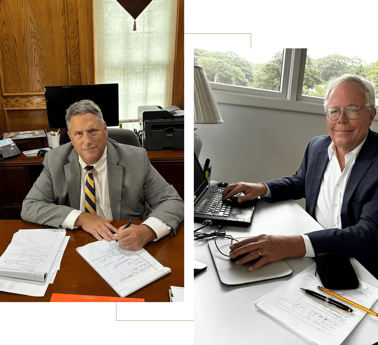 Two older men working at desks in office settings.